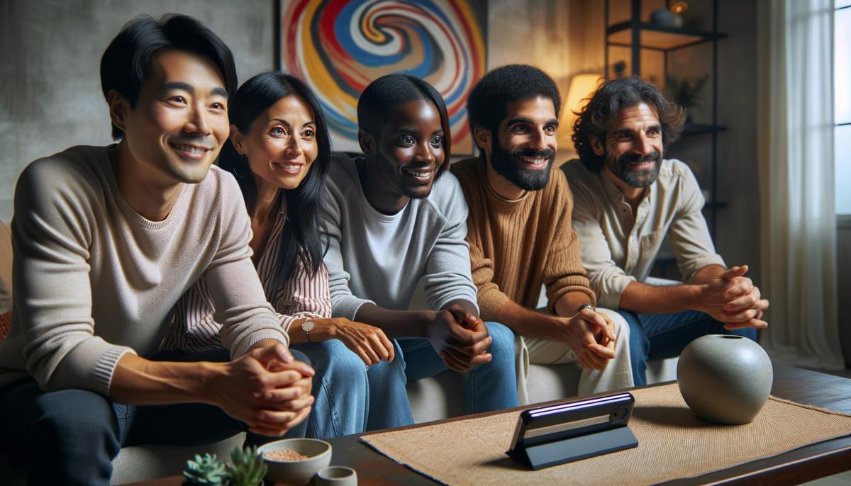 Image of a diverse group of people listening to a podcast together