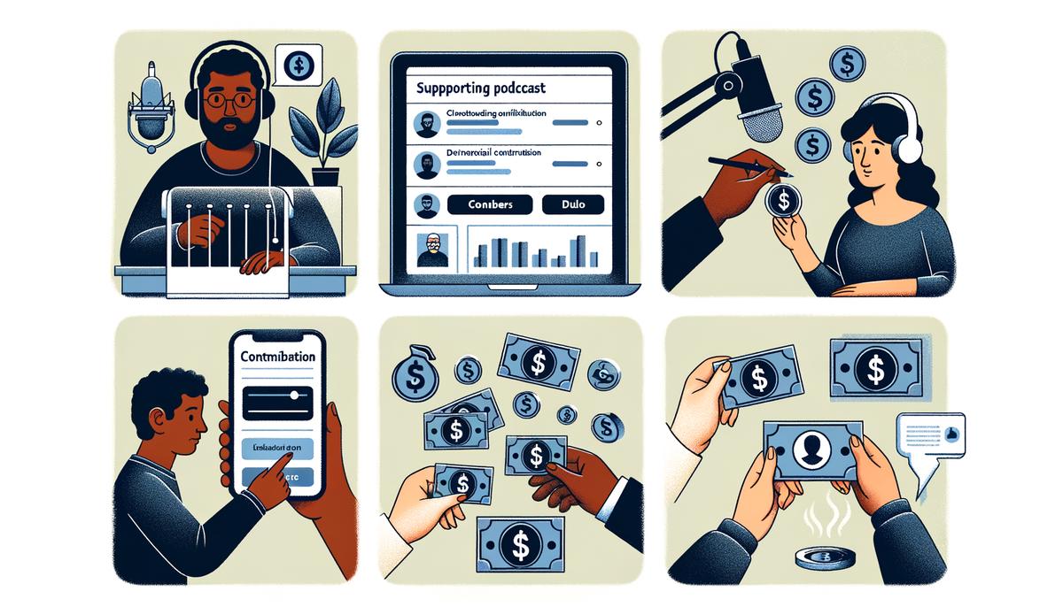 Illustration of various ways to support a podcast through crowdfunding and listener contributions