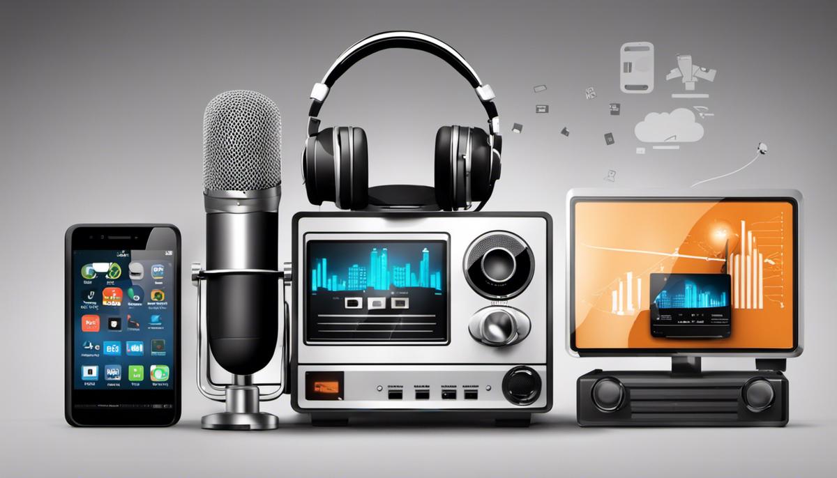 An image showing the evolution of podcasting, with different icons representing radio, microphone, smartphone, and virtual reality headset.