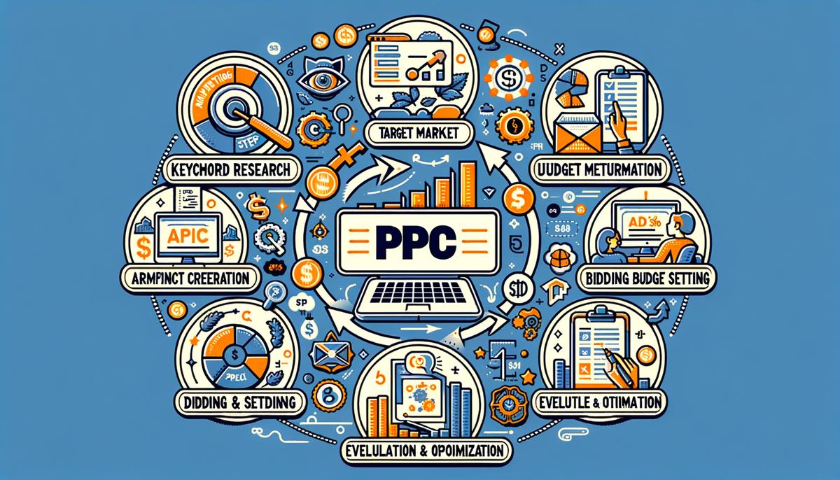 Illustration of steps for a successful PPC campaign. Avoid using words, letters or labels in the image when possible.