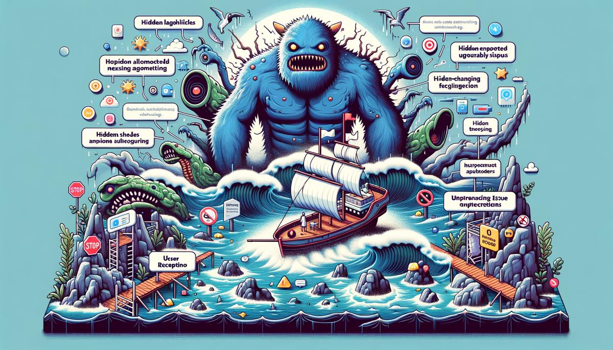 illustration depicting the challenges faced by advertisers on social media networks, including monsters, hidden shoals, and unpredictable weather patterns