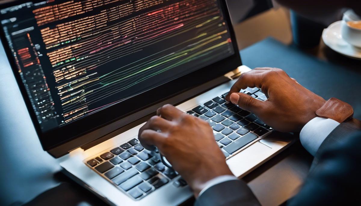 Image of a person typing on a computer keyboard, representing the topic of building a strong portfolio for transcription jobs.