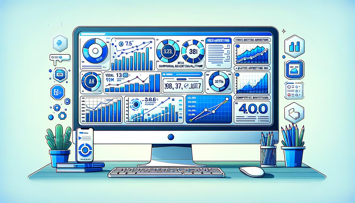 A professional and sleek image showcasing a digital advertising platform with graphs, charts, and data analytics displayed on a computer screen.