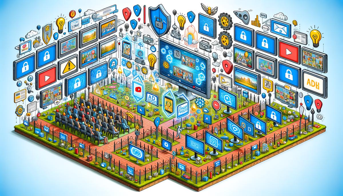 A realistic image depicting a digital landscape with various video ads, ad blockers, fraud protection technologies, and engaging ad content