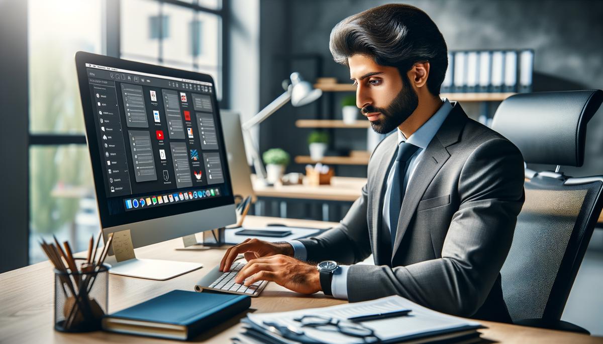 A virtual assistant sitting at a computer, organized and efficient at work