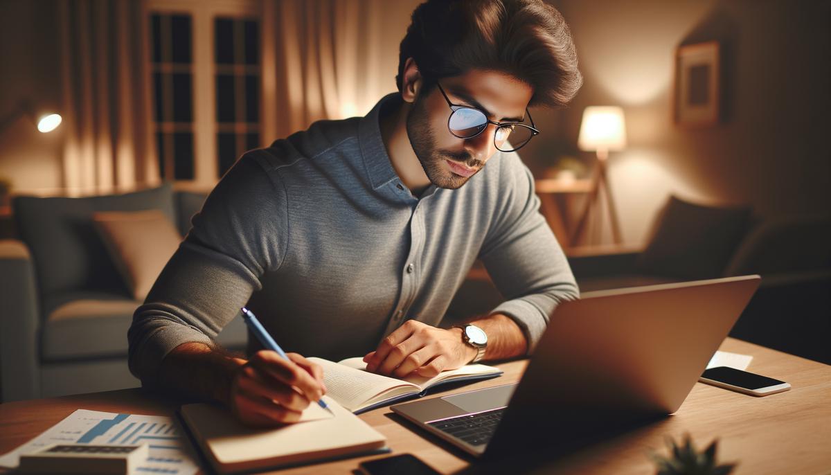 Image of a virtual assistant working on a laptop and taking notes